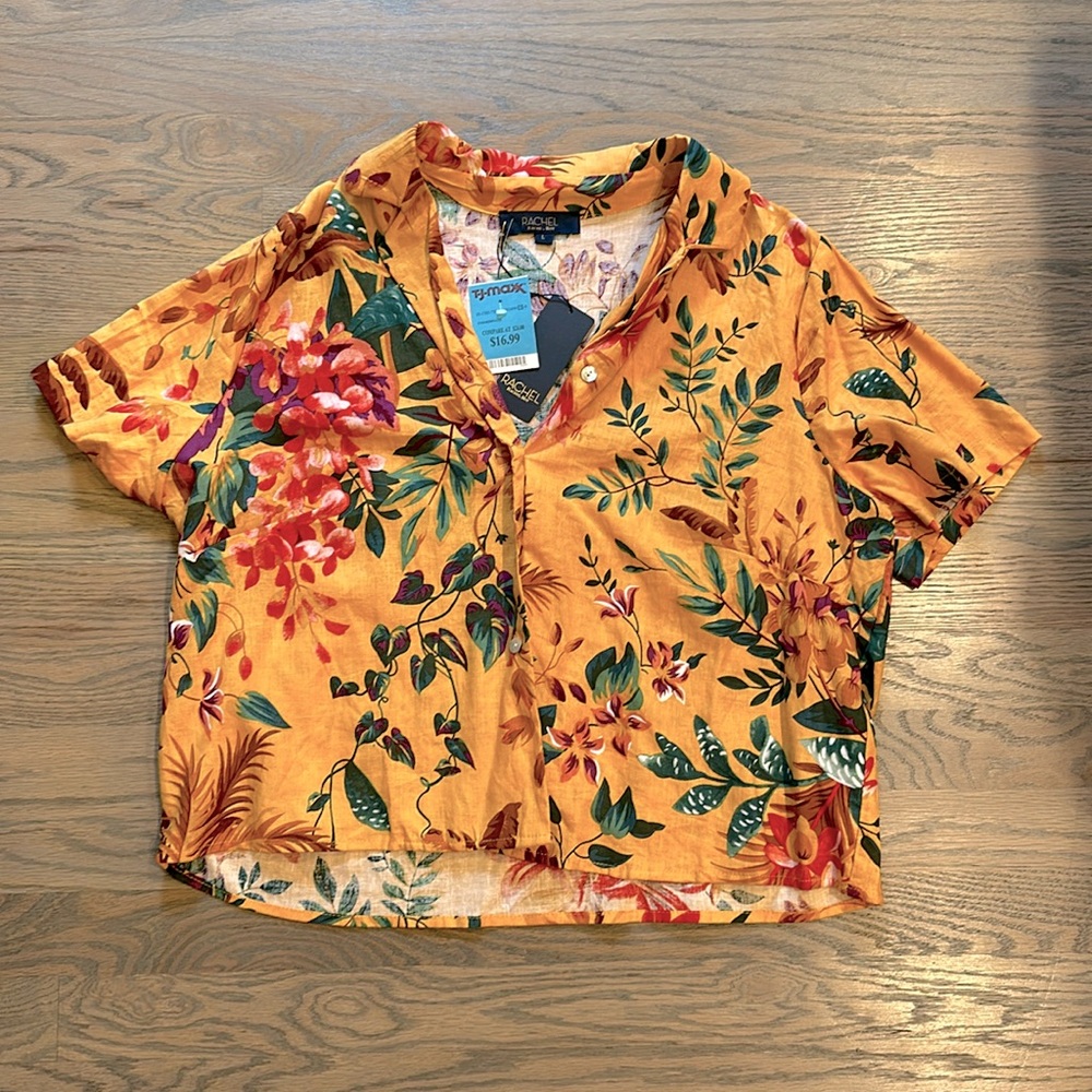 NWT Cropped Tropical Linen-Blend Top